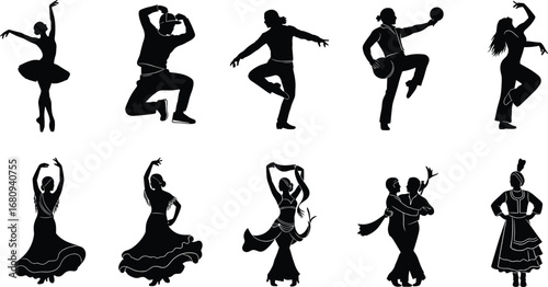 Dance silhouette collection, ballet, hip hop, flamenco, traditional dance, couple dancing, cultural dance, expressive poses, artistic movement, performance art