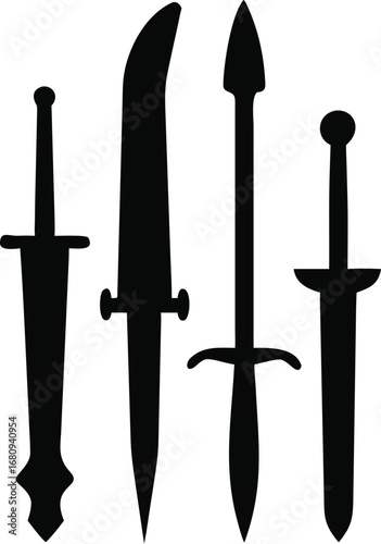 Four distinct sword silhouettes demonstrating a variety of historical blade designs and weaponary styles silhouette