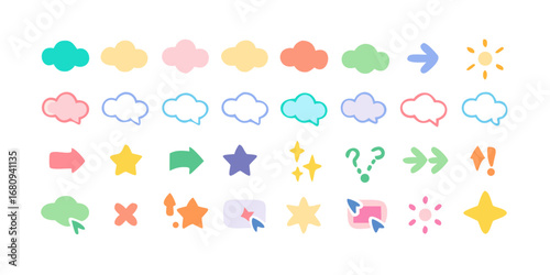Colorful doodle icons of clouds stars and arrows vector