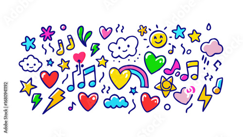 Colorful doodle icons with hearts and music notes cartoon