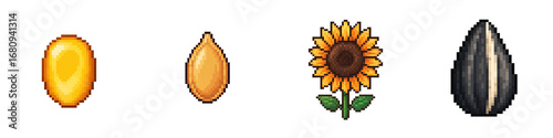 Harvest festival pixel art showing crops with sunflower and seeds in retro style
