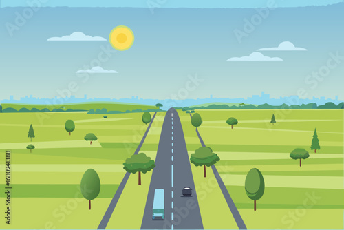 a scenic road stretches into the horizon under a bright sunny sky