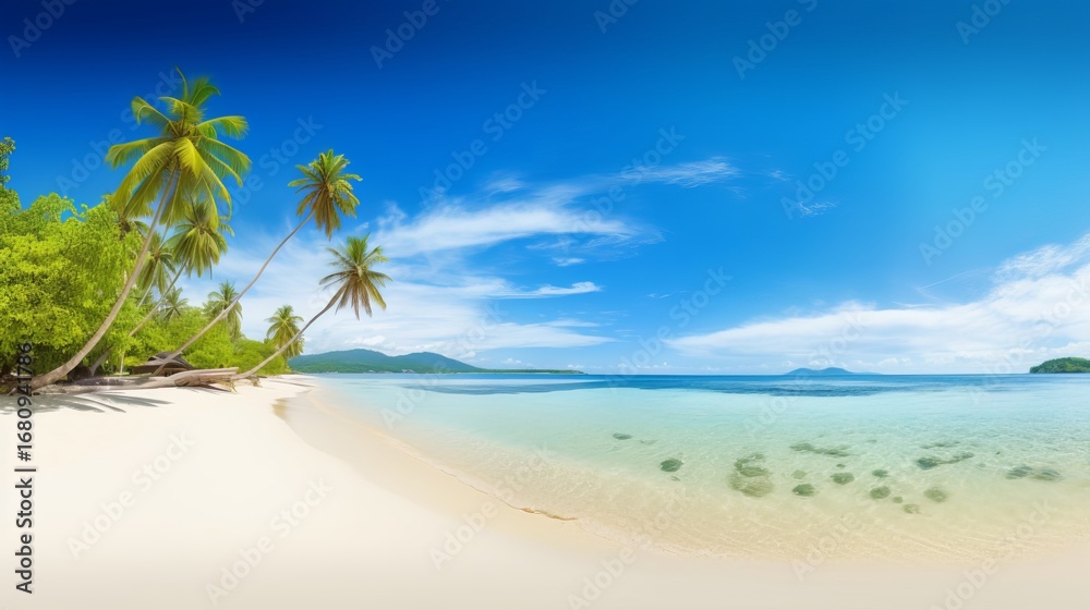 Obraz premium Beautiful tropical island with palm trees and beach panorama as background image
