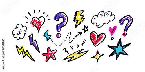 Colorful hand drawn doodles hearts lightning stars