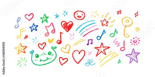 Colorful hand drawn doodles stars hearts music notes