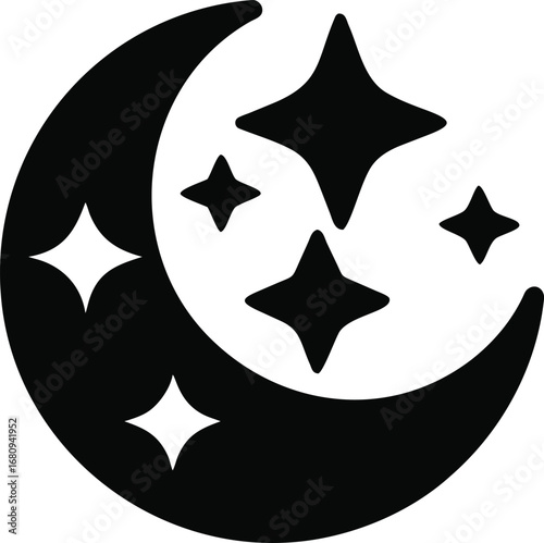 Stylized crescent moon with twinkling stars emanating celestial brilliance in classic black and white for cosmic themes silhouette