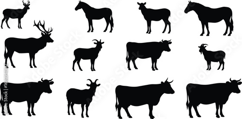 Farm animal silhouettes including horse, deer, cow, goat, bull, livestock vector set for agriculture, farming, wildlife, rural design