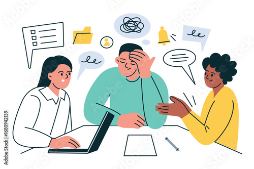 Flat cartoon vector illustration, office scene with meeting fatigue, stressed worker holding head, colleagues discussing project, teamwork problems, burnout, characters in business communication