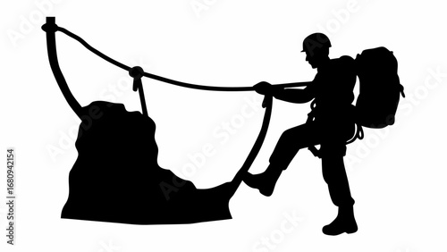 Silhouette of a climber with a backpack rappelling down a rock face using ropes and safety gear in black