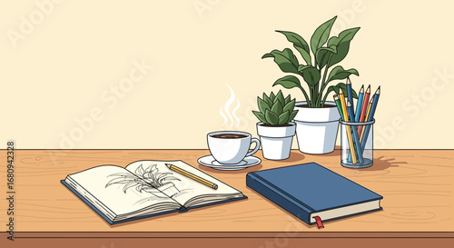 Peaceful and inspiring artist's workspace with an open sketchbook, a warm cup of coffee, and green houseplants on a desk