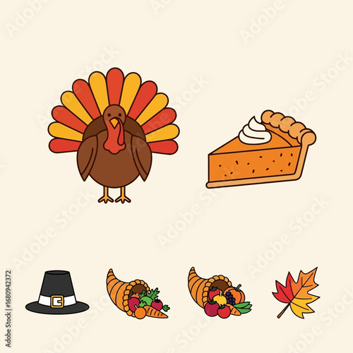 Thanksgiving-themed illustration featuring a turkey, pie, pilgrim hat, cornucopia, and autumn leaf.