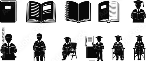 Education icons set, books, reading, learning, study, students, graduation, academic success, classroom, knowledge, black and white vector illustration