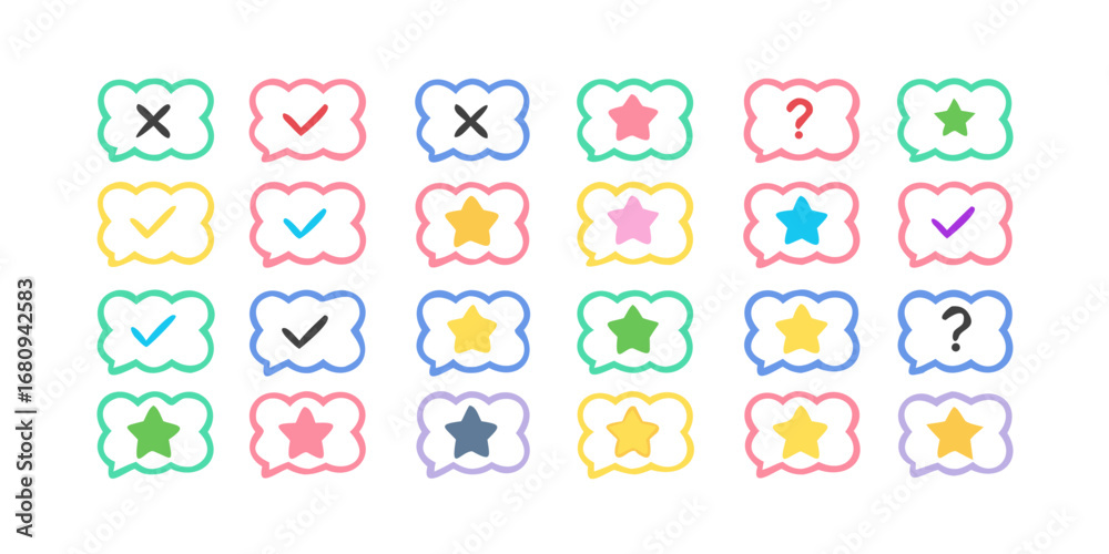 Obraz premium Colorful Speech Bubbles with Icons checkmarks crosses