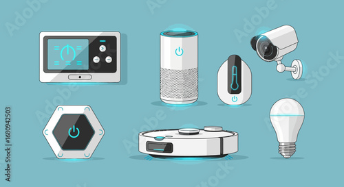 A futuristic collection of smart home appliances, representing the Internet of Things and home automation technology