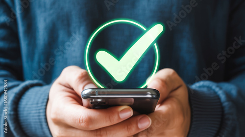 Mobile phone check mark success approval notification complete task done application confirmation 100