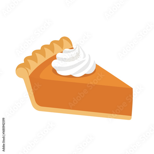 A delightful illustration of a single slice of pumpkin pie topped with a generous dollop of fluffy white whipped cream, perfect for a sweet treat.