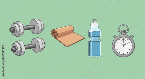 Fitness and workout essentials illustration with dumbbells, mat, water bottle, and stopwatch for a healthy lifestyle concept