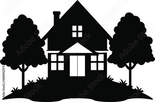 Charming silhouette of a two-story house with trees and landscaping detailed black and white graphic silhouette