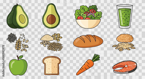 A vibrant collection of illustrated healthy food icons representing a balanced diet and nutritional eating