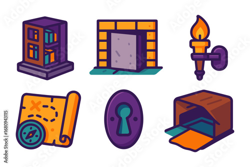 isometric escape room mystery icon set – secret bookshelf, stone door, wall torch, treasure map, keyhole, mail slot