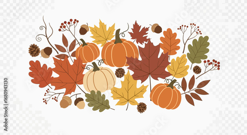A vibrant autumn arrangement featuring colorful fall leaves, pumpkins, acorns, and berries for seasonal decoration