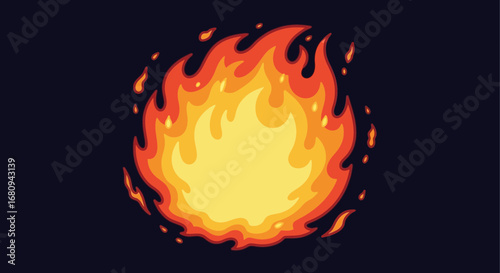 A blazing round fireball with intense yellow and orange flames. A graphic representation of heat, power, and combustion
