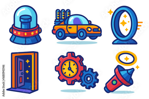 isometric time travel adventure icon set – ufo, retro car, portal, doorway, raygun