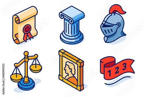 isometric history and civics icon set – diploma scroll, column, knight helmet, scales, portrait frame, ribbon banner