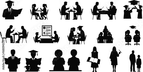 Graduation education silhouette icons, students learning, teacher teaching, online study, academic success, diploma celebration, knowledge sharing