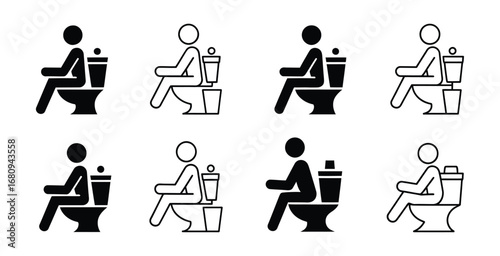 Black and white vector icon set of people sitting on toilet in different outline and solid styles