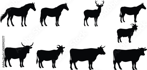 Farm animal silhouettes set with horse, cow, goat, deer, bull, donkey, rural livestock icons for agriculture, farming, wildlife design.