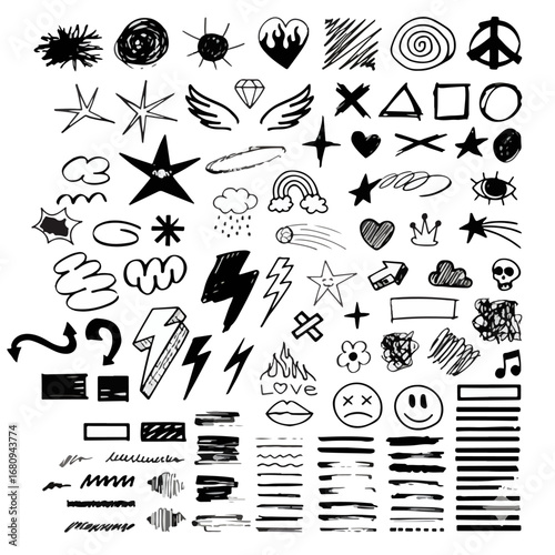 School board design featuring children's doodles, scribbles. Graphic set - arrows, circles, stars, sketch, highlighters, brushes, scribbles and doodles drawn with felt-tip pen, chalk, pen. Vector set