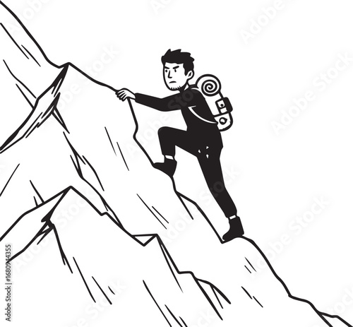 Black and white illustration of a man climbing a steep mountain adventure ascent