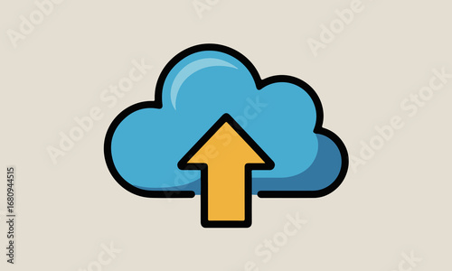 Flat design icon of a blue cloud with an orange up arrow symbolizing data upload and cloud computing vector