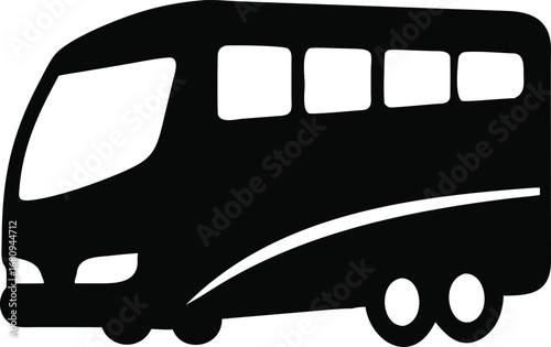 Classic black silhouette of a passenger bus depicting travel and transportation with white windows and wheels silhouette