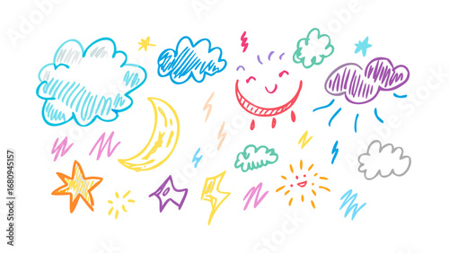 Hand drawn crayon weather elements drawing clouds