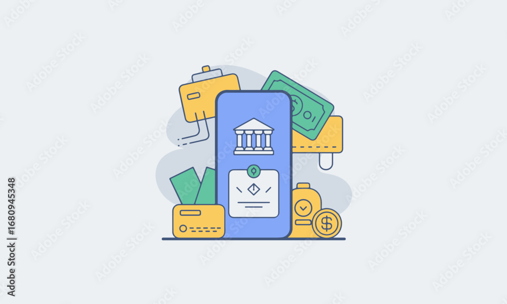 Fototapeta premium Flat design icon of digital bank app screen with mobile banking finance and money elements vector