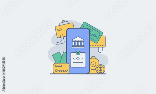 Flat design icon of digital bank app screen with mobile banking finance and money elements vector
