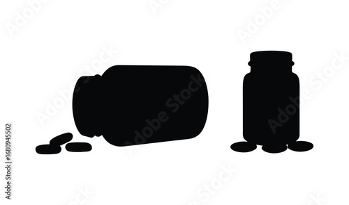 Silhouette of Medicine Bottles with Pills Scattered Around on a White Background.