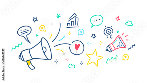 Hand drawn doodle style marketing elements megaphone