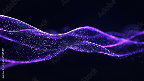 Dynamic abstract background with luminous purple wave made of glowing digital particles on dark backdrop, futuristic cyber energy flow, generative AI