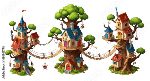 enchanted treetop village isometric illustration of whimsical houses, rope bridges, and playful children, isolated on transparent background