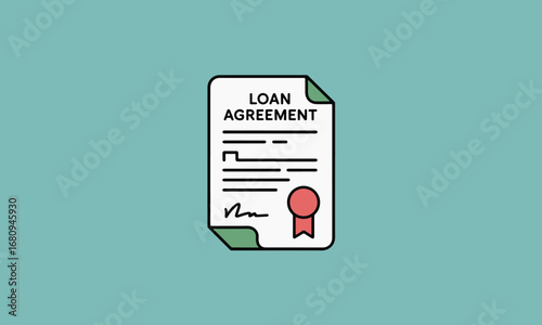 Flat design icon of loan agreement document with seal and signature representing contractual obligation vector