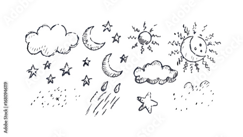 Hand drawn sky elements clouds moon