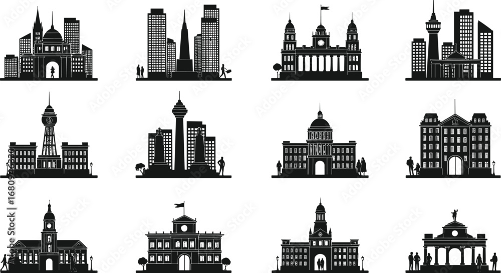 Obraz premium Silhouette city skyline and famous landmark buildings icons set, urban architecture, cityscape illustration, municipal structures, travel destinations, vector art