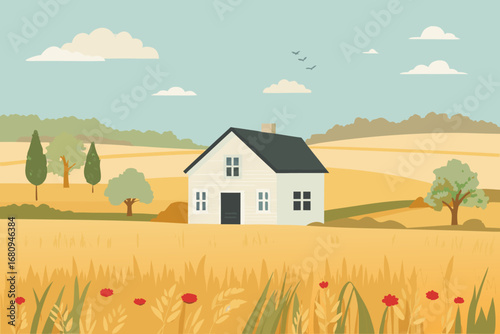 a quaint house nestled in a serene countryside landscape