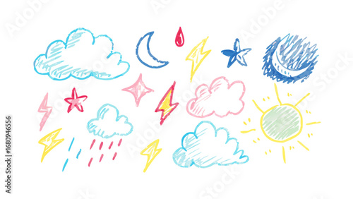 Hand drawn weather elements clouds moon