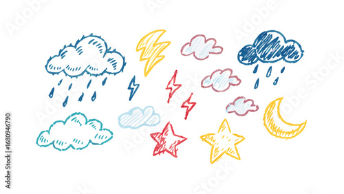 Hand drawn weather icons clouds rain