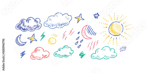 Hand drawn weather icons crayon style drawing