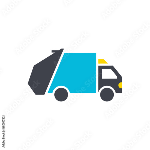 Modern flat design icon depicting a municipal refuse collection vehicle, symbolizing urban waste management and environmental responsibility services